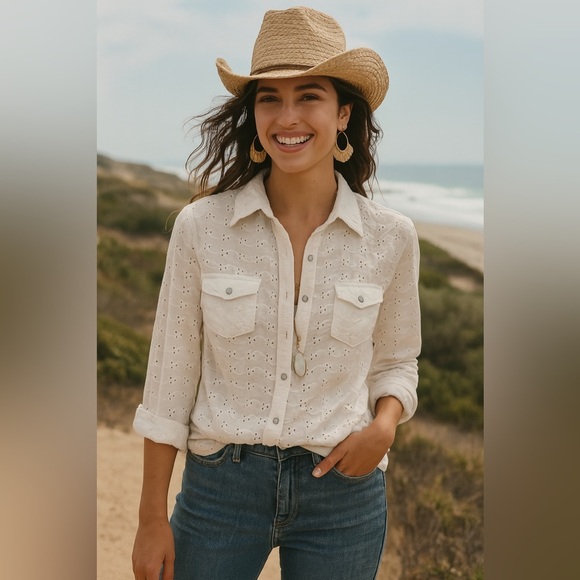 Arizona Jean Co Blouse Eyelet Cotton Long Sleeve Button Up Western White XS - Picture 10 of 14